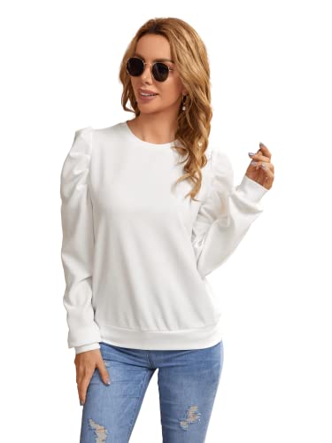Romwe Women’s Casual Puff Long Sleeve Crewneck Solid Sweatshirt Pullover Light White S