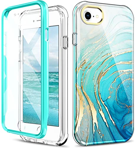 Hocase for iPhone SE 2022/2020 Case, iPhone 8/7/6s/6 Case, (with Screen Protector) Shockproof Slim Soft TPU Full Body Protective Case for iPhone SE 3rd/2nd Generation/8/7/6s/6 (4.7″) – Teal Gold Ocean