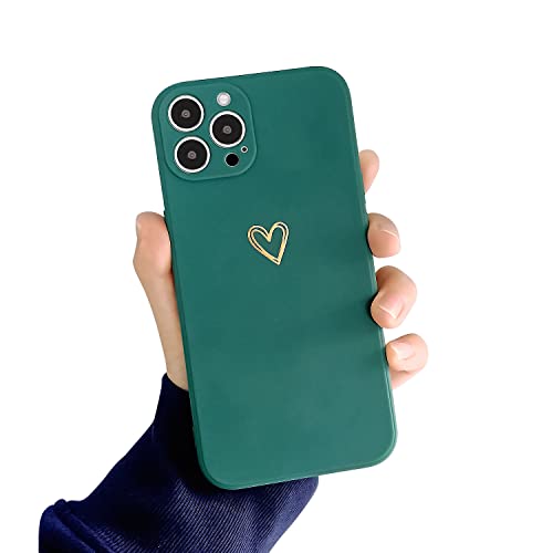 Ownest Compatible with iPhone 12 Pro Max Case for Soft Liquid Silicone Gold Heart Pattern Slim Protective Shockproof Case for Women Girls for iPhone 12 Pro Max-Pine Green