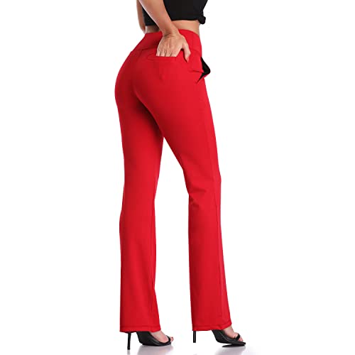 DAYOUNG Bootcut Yoga Pants for Women Tummy Control Workout Bootleg DressPants High Waist 4 Way Stretch Pants Y52A-Red-L