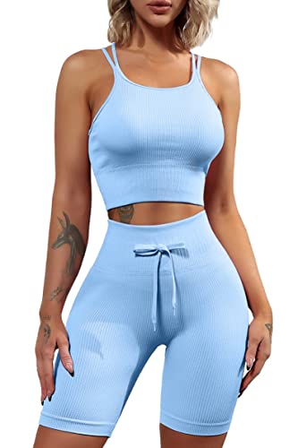 QINSEN Womens Yoga Pants Bodycon 2 Piece Outfits Sport Bra High Waist Biker Shorts Blue S