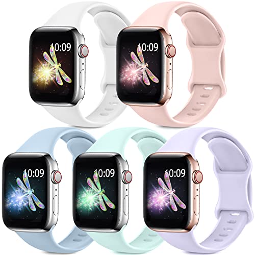 5 Pack Sport Bands Compatible with Apple Watch Band 38mm 40mm 41mm 42mm 44mm 45mm,Soft Silicone Strap Replacement Wristbands Compatible with iWatch Series 7 6 5 4 3 2 1 SE Women Men