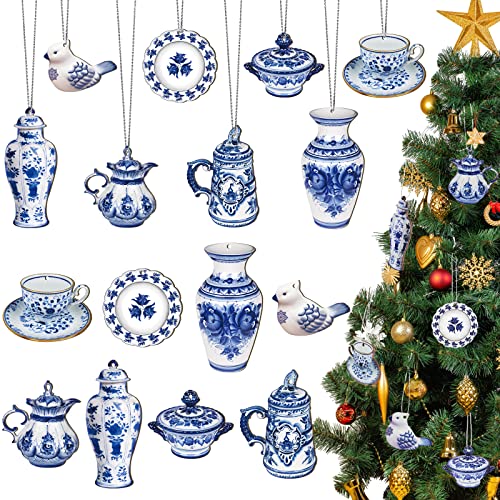40 Pcs Double Sided Chinoiserie Wooden Ornaments Christmas Blue and White Porcelain Ornaments Teapot Santa Christmas Ornaments Christmas Hanging Pendant Wooden for Christmas Tree Decor (Teapot)