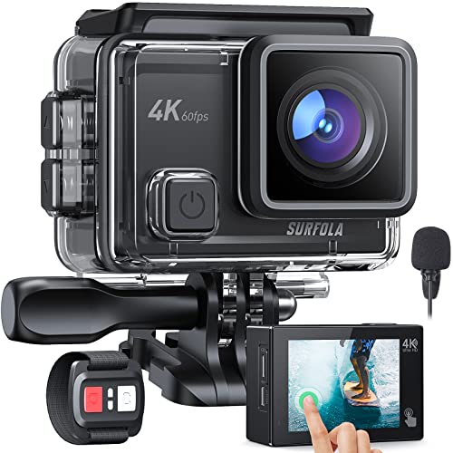 Surfola Action Camera – 4K/60FPS Touch Screen WiFi 20MP EIS Stabilization Underwater Waterproof Camera Remote Control External Microphone with 2X1350mAh Batteries and Helmet Accessories Kit SF430