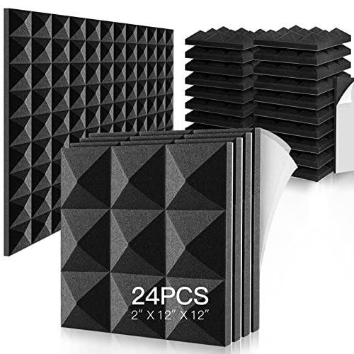 24 Pack Acoustic Foam Panels, Self-adhesive Sound Proof Foam Panels 2″ x 12″ x 12″, Soundproof Insulation for Wall, Sound Absorbing Foam for Music Studio Bedroom Home, Decreasing Noise
