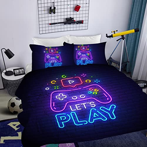 MILANKET Gaming Comforter for Boys Twin Size, Gamer Gamepad Kids Bedding Comforter Sets for Boys with 1 Comforter 2 Pillowcases, Abstract Neon Style, Geometry Brick Wall Video Game