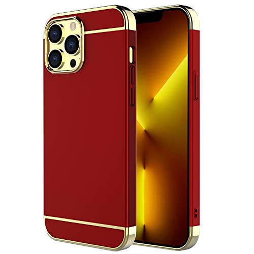 iPhone 13 Pro Max Case,RORSOU 3 in 1 Ultra Thin and Slim Hard Case Coated Non Slip Matte Surface with Electroplate Frame for Apple iPhone 13 Pro Max (6.7″)(2020) – Red and Gold