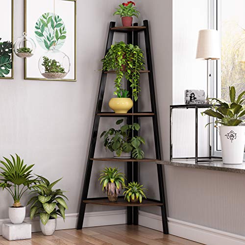 5-Tier Industrial Corner Ladder Shelf, A-Shaped Bookcase Utility, Display Organizer Plant Flower Stand Storage Rack for Home Office, Vintage Brown