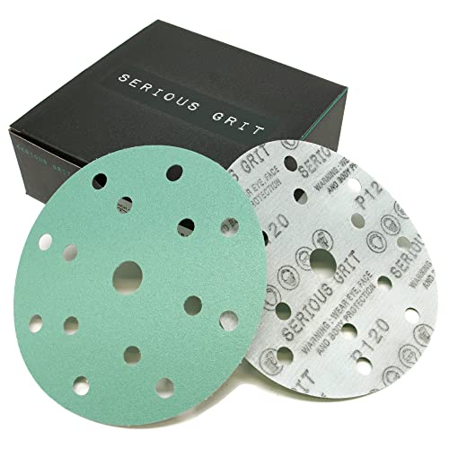 Serious Grit – 6-Inch 15-Hole 120 Grit Sanding Discs – Heavy-Duty Hook & Loop Velcro-Backed Film Discs – Sandpaper for Random Orbital Sanders – 50 Pack Box