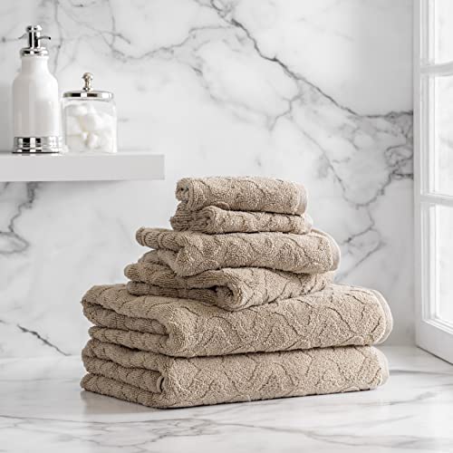 Welhome Athena Cotton Poly Luxurious 6 Piece Towel Set | Flax | Textured | Highly Absorbent | Soft & Fluffy | 600 GSM |Machine Washable | 2 Bath – 2 Hand – 2 Wash Towels
