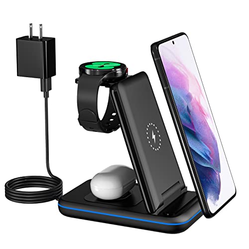 Wireless Charging Station for Samsung, Earteana 3 in 1 Qi Certified Charger/Stand for Samsung Galaxy S22/S21/S20/Note20/10, Galaxy Watch4/Classic/3/1/Active 2/1, Buds+/Live with Adapter (Black)