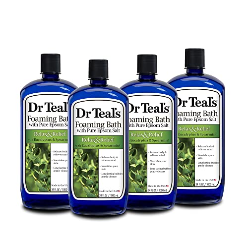 Dr Teal’s Foaming Bath with Pure Epsom Salt, Relax & Relief with Eucalyptus & Spearmint, 34 fl oz (Pack of 4)