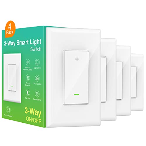 Smart Switch, 3 Way Wi-Fi Light Switch Compatible with Alexa and Google Home, 2.4GHz Schedule Timer, Neutral Wire Required, 3-Way Installation and No Hub Required, ETL and FCC Listed (4-Pack)