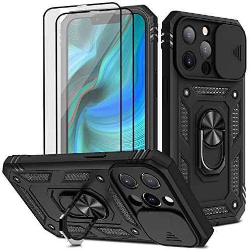 Pompvla for iPhone 13 Pro Case,with 2 Tempered Glass Screen Protectors,Built-in Camera Cover with Magnetic Kickstand Ring,Military Grade Drop Protection Shockproof Heavy Duty Protective Man 6.1”Black