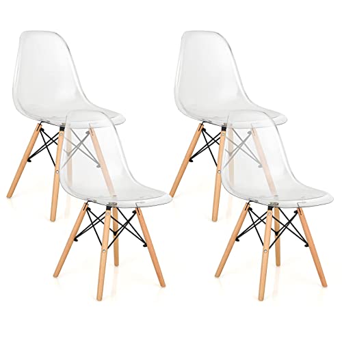 Giantex Set of 4 Dining Chairs, Clear Dining Side Chairs w/Beech Wood Legs, Shell Designer Pre Assembled Modern Mid Century Transparent Dining DSW Chairs, Plastic Kitchen Chair