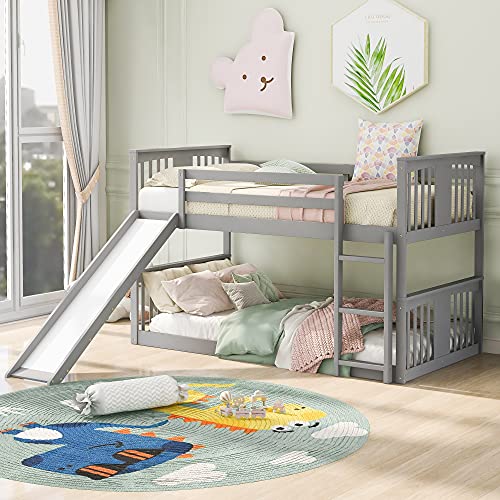 Bunk Beds with Slide for Kids Toddlers Twin Over Twin Wooden Bunk Bed Frame Built-in Ladder Guard Rails Boys Girls Dormitory Bedroom (Gray-Twin-Twin)