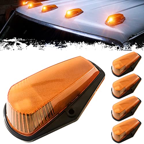 PSEQT 5Pcs Cab Roof Marker Lights Amber LED Top Clearance Marker Light Compatible with F150 F250 F350 1980-1997 Super Duty Pickup Trucks 12V Signal Running Lights with Amber Cover & T10 LED