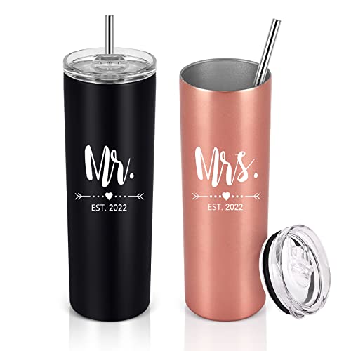 Qtencas Mr and Mrs EST 2022 Gifts for Lovers Couples Wife Husband in Wedding Engagement Anniversary, 20 oz Stainless Steel Skinny Tumbler Set, Insulated Travel Tumbler with Lid, Black and Rose Gold