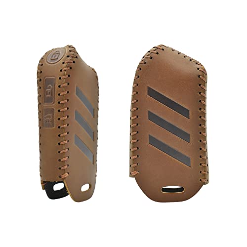 HIBEYO Leather Car Key Fob Cover with Keychain fits for Kia Stinger K900 Sorento Ceed Sportage 2018-2021 Car Key Case Cover Jacket Smart Remote Keyless Entry Car Key Holder Shell 3 Button Brown