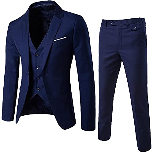 WEUIE Men’s Slim Fit 3 Piece Suit Set One Button Solid Business Wedding Prom Suits Blazer Jacket Vest and Pants Navy