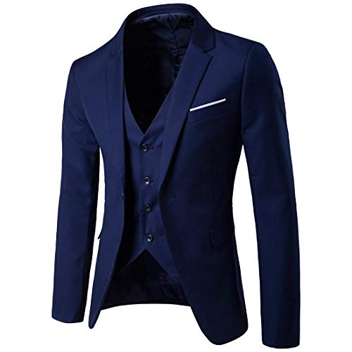 WEUIE Men’s Slim Fit 3 Piece Suit Set One Button Solid Business Wedding Prom Suits Blazer Jacket Vest and Pants Navy | The Storepaperoomates Retail Market - Fast Affordable Shopping