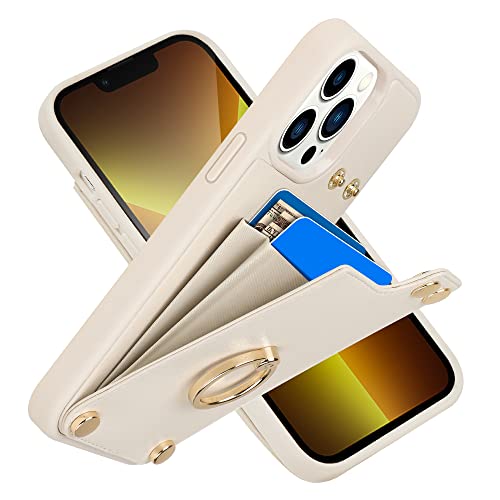 LAMEEKU Compatible with iPhone 13 Pro Wallet Case 6.1”, Leather Case with Card Holder, 360°Rotation Ring Stand, RFID Blocking Snap Button Protective Case Designed for Apple iPhone 13 Pro Beige