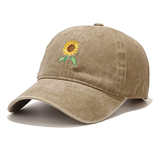 XYIYI Sunflower Khaki Vintage Washed Distressed Baseball Cap Adjustable Cotton Dad Hat for Women Mens