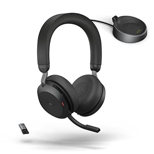 Jabra Evolve2 75 PC Wireless Headset with Charging Stand and 8-Mic Technology – Dual Foam Stereo Headphones with Advanced Active Noise Cancelling, USB-A Bluetooth Adapter and MS Compatibility – Black