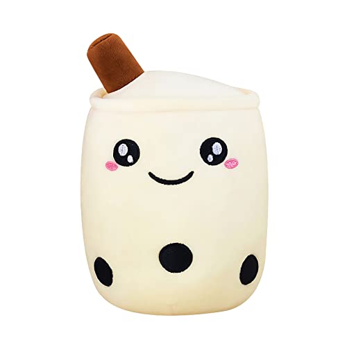 PonPom Cute Bubble Tea Plushie,Soft Stuffed Milk Tea Plush Pillow Gift for Kids Girls Boys (White Round, 9.4 inches)