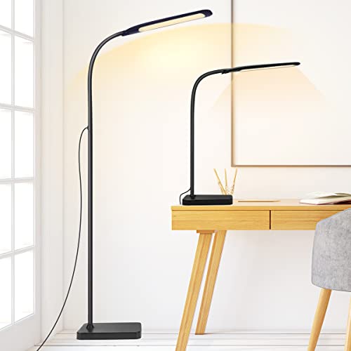 Joymon LED Floor Lamp, Adjustable Gooseneck Standing Lamp with 3 Color Temperature 3000K-6000K and 10-100% Stepless Dimmer, 2 in 1 Modern Desk Reading Lamp for Living Room, Bedroom and Office, Black