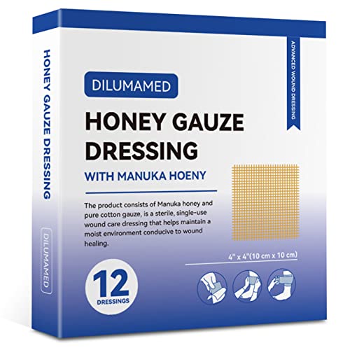 DILUMAMED Manuka Honey Gauze Dressing 4″x4″(Pack of 12), Manuka Honey Wound Care Bandage for Cuts, Scalds and Burns, Wound Dressing Products