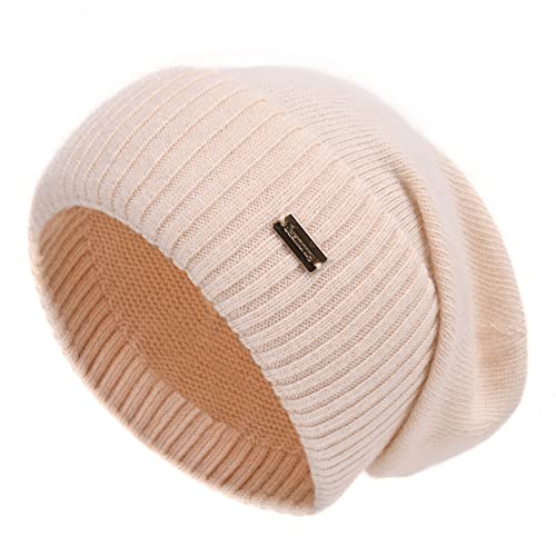 jaxmonoy Cashmere Slouchy Beanies for Women Winter Lightweight Girls Wool Knit Hat Cuffed Soft Warm Slouch Beanie Cap – Beige