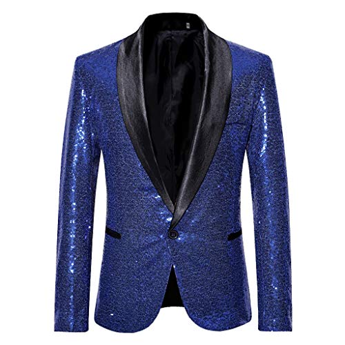 Maryia Men’s Shiny Sequins Jacket Blazer Disco Glitter Prom Wedding Party One Button Formal Jacket Performance Suit, 1#dark Blue, X-Large