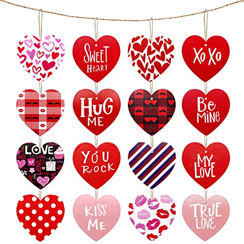 40 Pieces Valentine’s Day Wood Heart Shaped Ornaments Double-Sided Printed Wooden Heart Shaped Signs Hanging Heart Tags for Valentine’s Day Wedding Party Decoration
