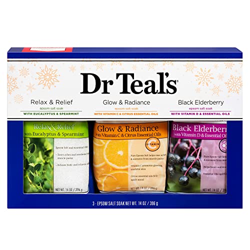 Dr Teal’s Epsom Salt Variety Pack Gift Set (Relax & Relief with Eucalyptus & Spearmint, Glow & Radiance with Vitamin C & Citrus, and Black Elderberry with Vitamin D & Essential Oils 14 oz. Bags).
