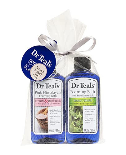 Dr Teal’s Foaming Bath Holiday Gift Combo Pack (6 fl oz Total): Restore & Replenish with Pink Himalayan Salt and Relax & Relief with Eucalyptus and Spearmint. Treat Your Skin, Senses, and Stress