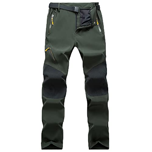 ASPFEIWELL Men’s Winter Hiking Pants Fleece Lined Softshell Skiing Snow Pants for Men Windproof Waterproof Mountain Climbing Camping Outdoor Trousers Army Green