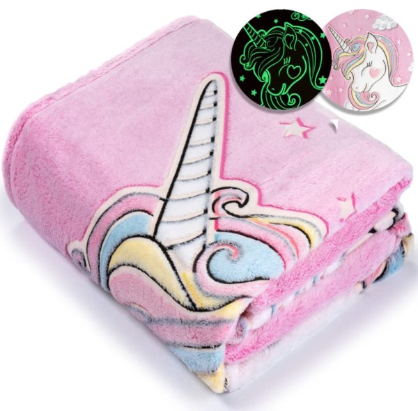 GLOWEE Unicorn Blanket, Glow in The Dark Blanket with UV Flashlight Gift, Kids Blanket, Luminous Unicorn Blanket for Girls Super Soft Flannel Fluffy Fleece Blanket, Pink Magical Blanket Gifts 60″x 50″
