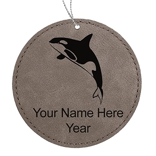 LaserGram Faux Leather Christmas Ornament, Killer Whale, Personalized Engraving Included (Gray, Round)