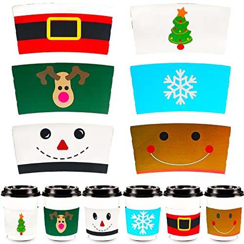 48 PCS Winter Season Coffee Cup Sleeves Pack Kraft Disposable Paper Cup Sleeves 6 Designs for 12 and 16oz Corrugated Cup Paper Jacket for Hot Chocolate Cocoa or Cold Beverage