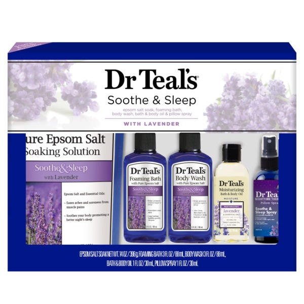 Dr Teal’s Lavender Soothe & Sleep Full Regimen 5-piece Gift Set (Epsom Salt Soaking Solution, Foaming Bath, Body Wash, Moisturizing Bath & Body Oil, Pillow Spray)