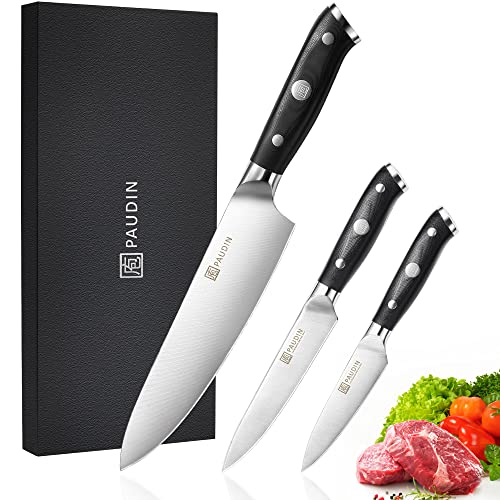 PAUDIN Kitchen Knife Set 3 Piece, Chef Knife Set Professional, 7Cr17Mov Stainless Steel Ultra Sharp Chef’s Knife, Utility Kitchen Knife, Paring Knife, Full Tang Forged Knife Set with G10 Handle