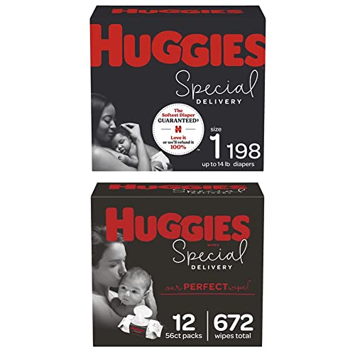 Baby Diapers and Wipes Bundle: Huggies Special Delivery Diapers Size 1, 198ct & Special Delivery Baby Diaper Wipes, Unscented, 12 Push Button Packs (672 Wipes Total)