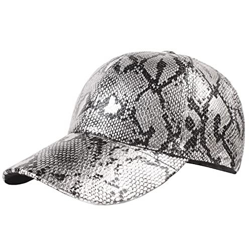 Aisi Women Men Snakeskin Print Leather Baseball Cap Unisex Casual Flat Brim Hat Adjustable Hip Hop Hat Cap Gray