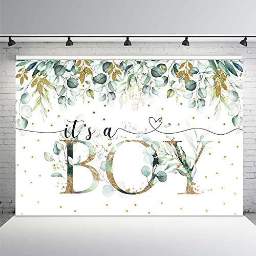 MEHOFOND 7x5ft It’s a Boy Baby Shower Backdrop Spring Greenery Eucalyptus Leaves Green and Gold Background Party Decor Banner Cake Table Supplies Photo Booth Studio Props