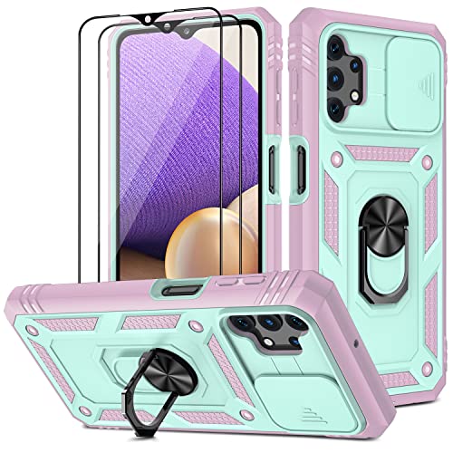 pompvla for Shockproof Samsung Galaxy A32 Case 5g with Car Magnetic Kickstand Ring Built-in Camera Cover Military Grade Drop Heavy Duty Protection Women Phone,with 2 Screen Protectors 6.5”Green Pink