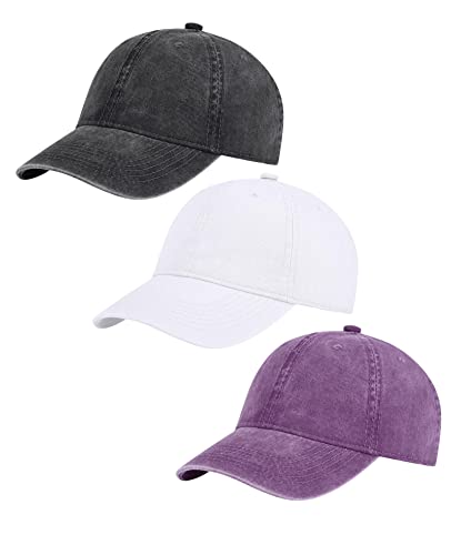 Vintag3 Pack Vintage Washed Adjustable Cotton Baseball Caps Men and Women, Unstructured Low Profile Plain Classic Dad Hat Black White Purple