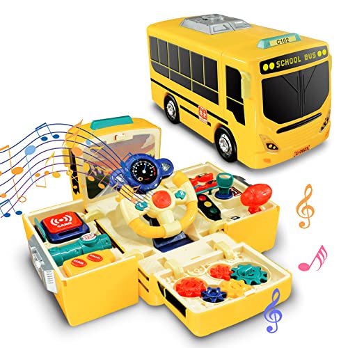 Hi-Tech School Bus Toy with Sound Light for Kids, Simulation Steering Wheel Gear Driving Yellow School Bus Education Knowledge Gift for Preschool Toddler Boys Girls Age 3-8