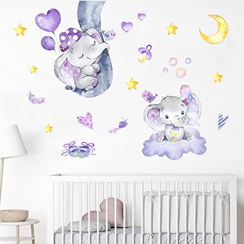 Yovkky Watercolor Purple Girls Elephant Nose Wall Decal Sticker, Moon Cloud Balloon Bird Grey Star Nursery Decor, Home Baby Shower Bedroom Decoration Toddler Kids Room Art Party Supply Gift