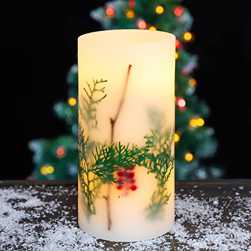 Immeiscent Christmas Flickering Flameless Candles, Red Berry Embedded Battery Candles, D4”XH8”,Real Wax Pillar Candle with Timer for Wedding, Holiday,Christmas,Home Decor,Bedroom,Party (Arborvitae)